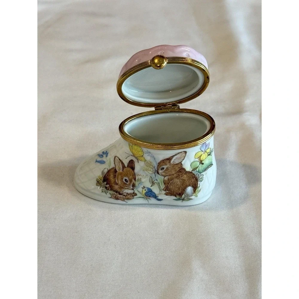Limoges Fait Main France Trinket Box Porcelain Pink Bootie Bunny Deer Boot Shoe